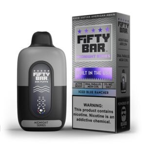fifty bar midnight series 20k puff disposable iced blue rancher